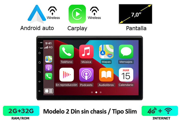 Imagen del producto EQUIPO MULTIMEDIA 2DIN UNI CARPLAY&ANDROID AUTO